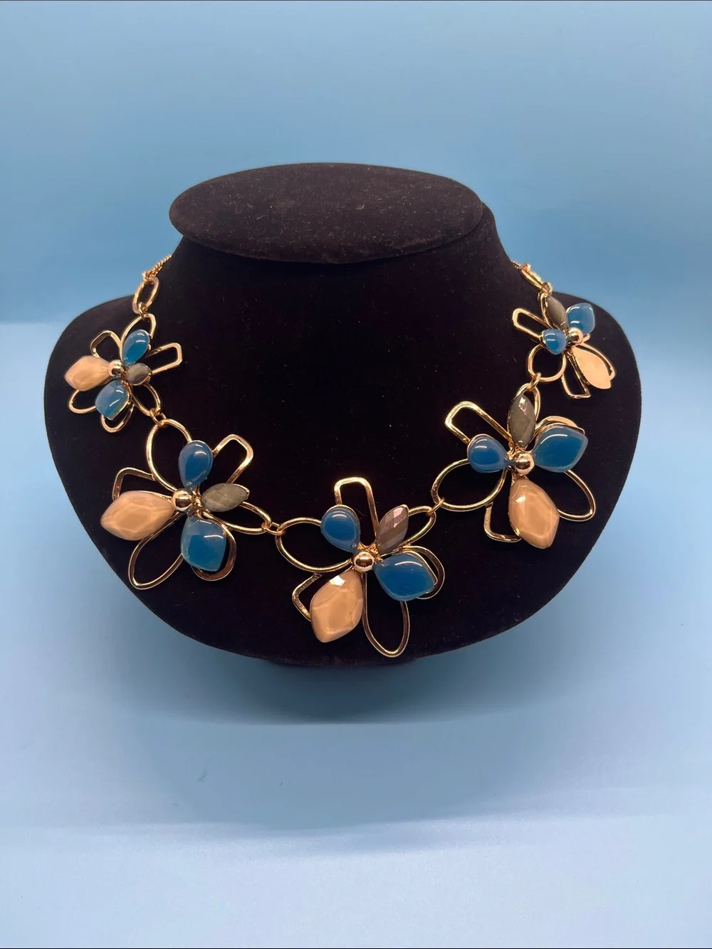 #0013.  Lane Bryant Gold Floral Necklace with Blue and Peach Accents
